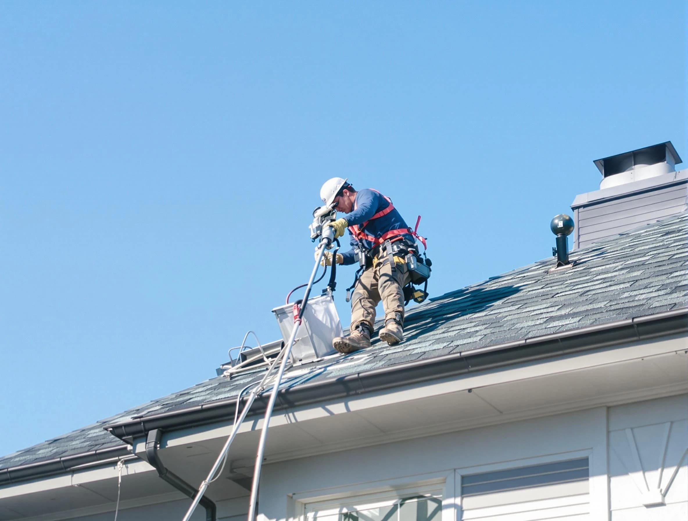 Fredericksburg Dryer Vent Cleaning certified technician cleaning a roof-mounted dryer vent system in Fredericksburg