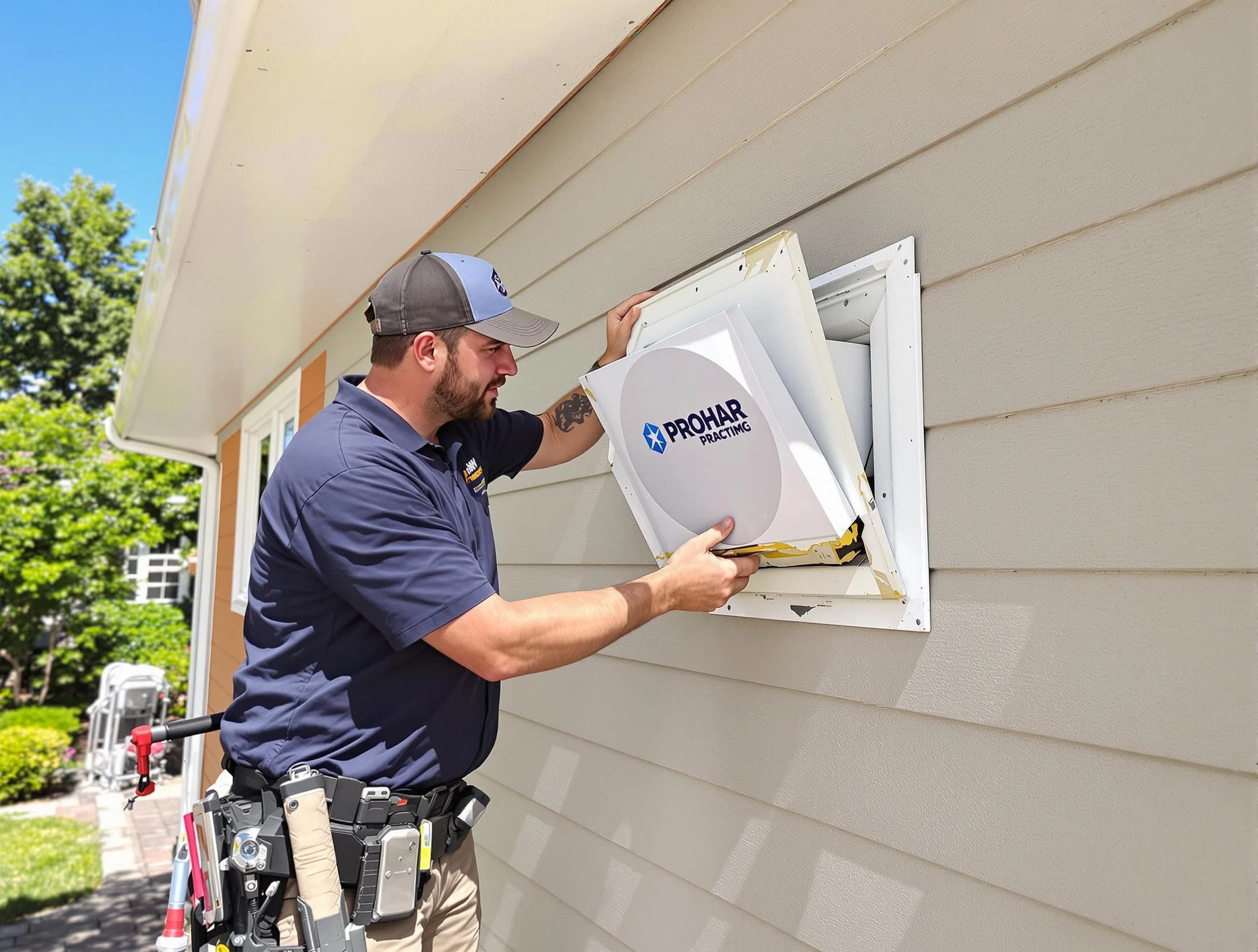 Fredericksburg Dryer Vent Cleaning technician installing a new protective dryer vent cover on a home in Fredericksburg