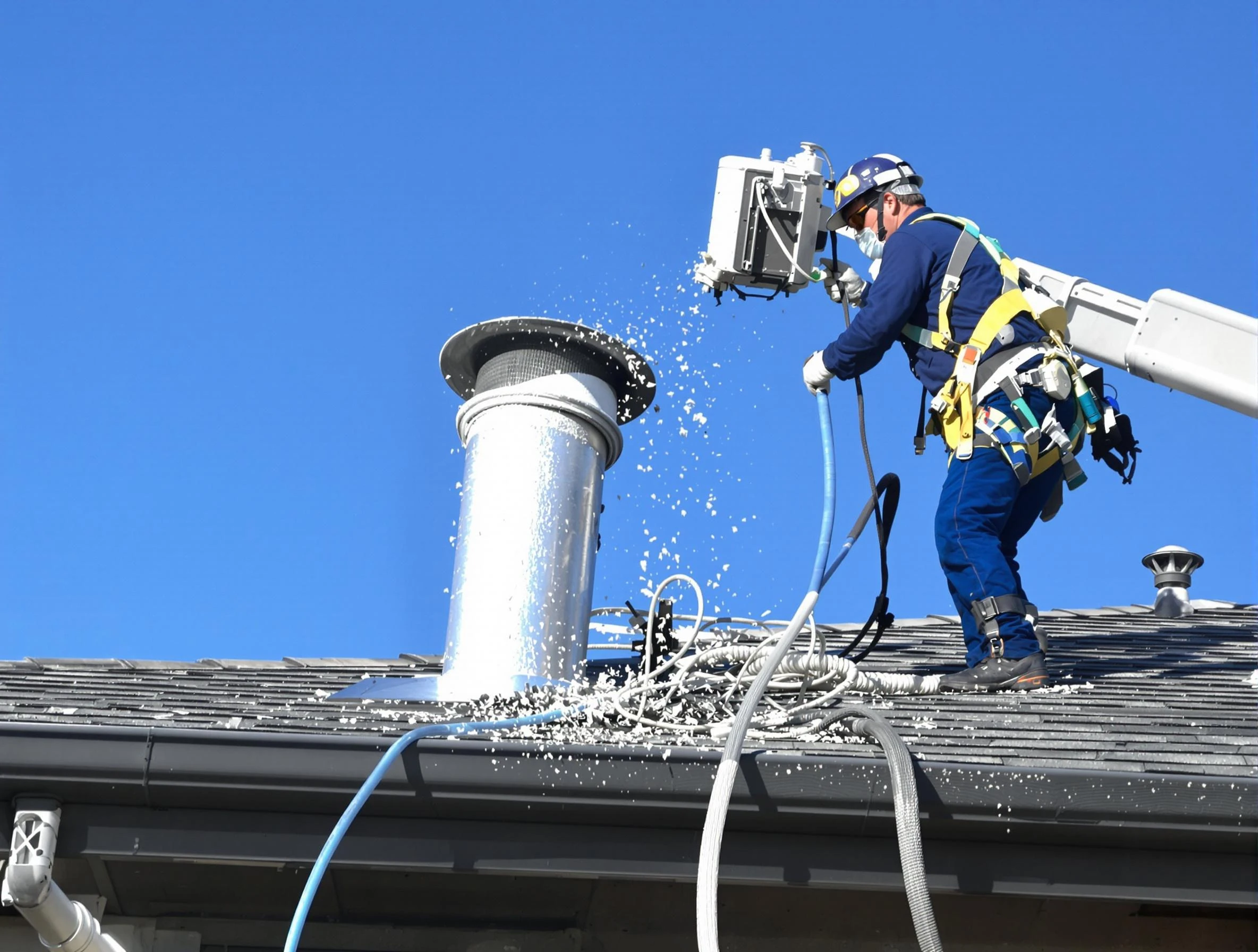 Fredericksburg Dryer Vent Cleaning certified technician safely cleaning a roof-mounted dryer vent in Fredericksburg
