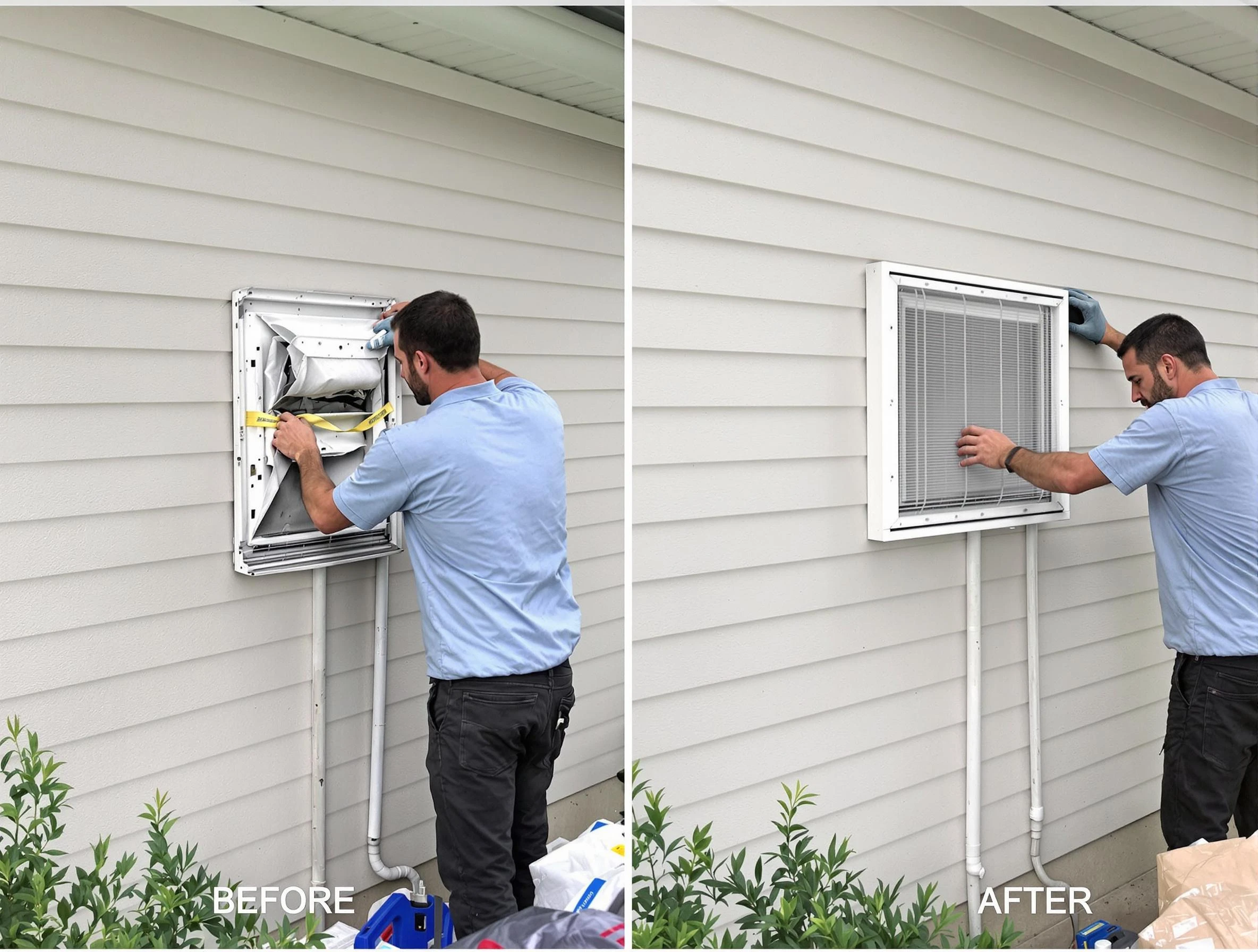 Fredericksburg Dryer Vent Cleaning technician installing high-quality dryer vent cover at a residential property in Fredericksburg
